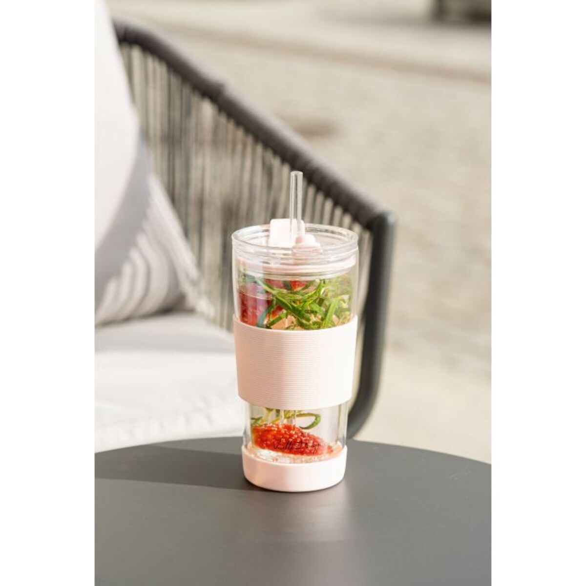 Kubek termiczny szklany ze słomką 600 ml różowy Fuori 30411