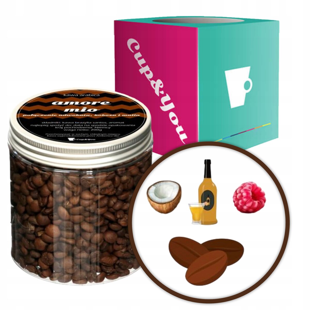 Kawa aromatyzowana o smaku AMORE MIO ziarnista ARABICA PREMIUM Cup&You 200g na prezent upominek dla kobiety mężczyzny faceta mamy taty żony męża