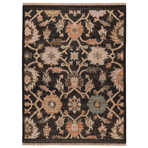 Dywan Wełniany Royal Wool 200x285 cm z frędzlami kwiaty czarny
