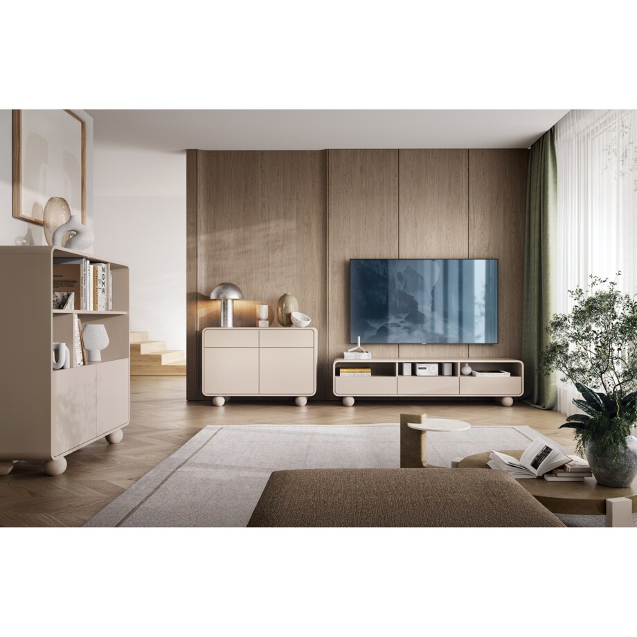 Regał częściowo otwarty ALBI w kolorze kaszmirowym na okrągłych nóżkach