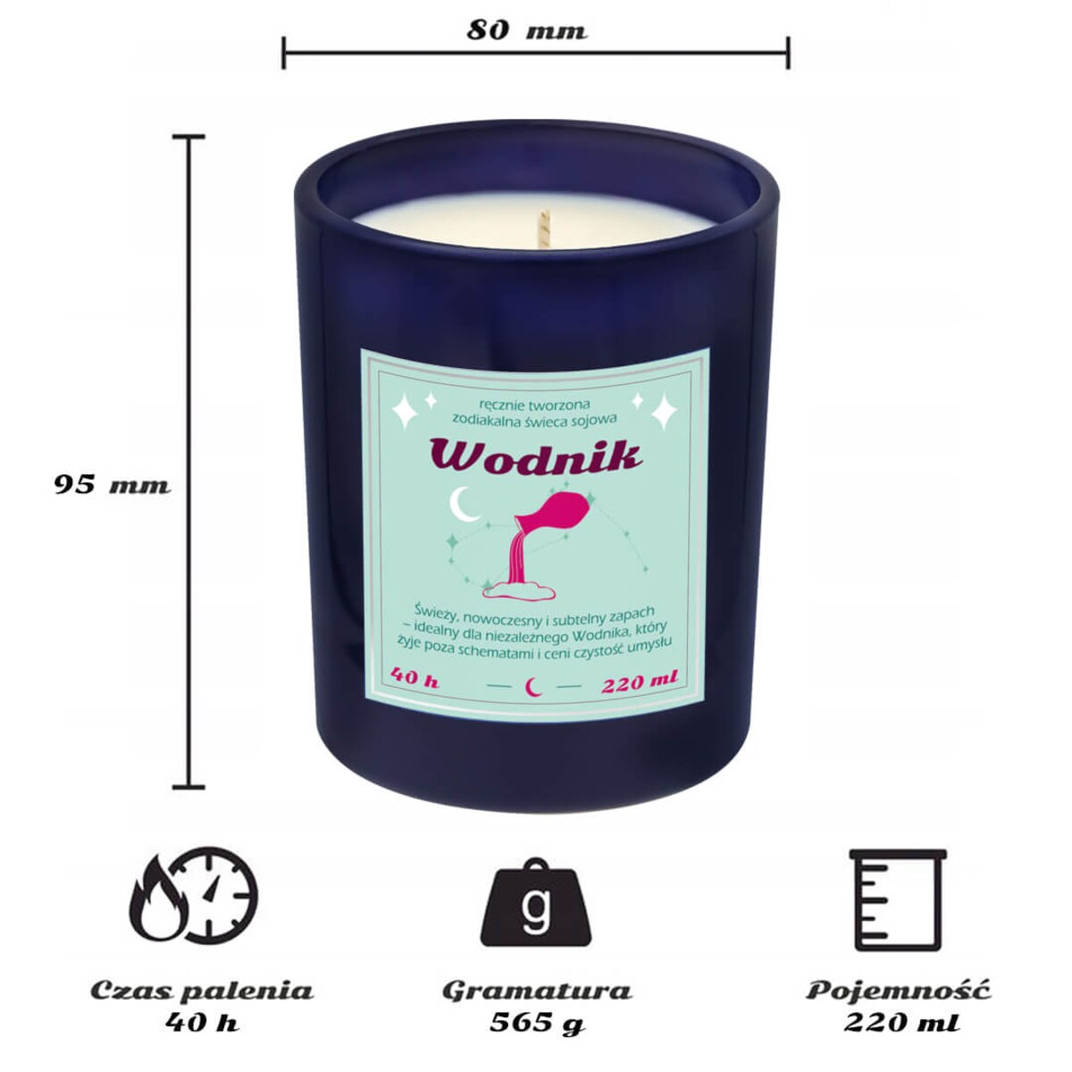 Świeca zodiakalna sojowa naturalna zapachowa WODNIK - bezpieczna, ręcznie robiona w szklanym słoiczku na prezent upominek dla osoby ze znakiem zodiaku WODNIKA