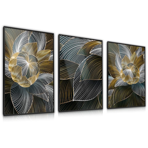 ZESTAW 3X PLAKAT W RAMIE ABSTRAKCJA KWIATY LOTOSU STYL GLAMOUR NATURA 60x80cm