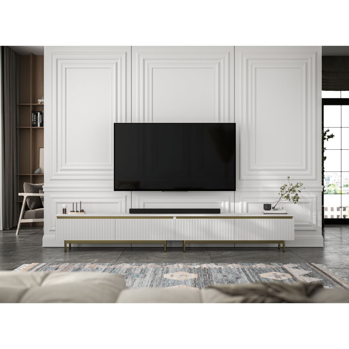 Nowoczesna Szafka RTV Glamour Komoda RTV Biały Mat 280 cm złote akcenty