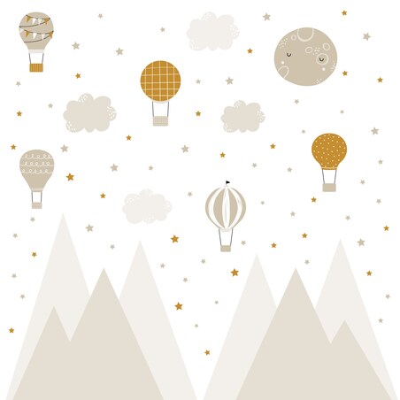 NAKLEJKI NA ŚCIANĘ DLA DZIECI BEŻOWE GÓRY GWIAZDY BALONY CHMURKI ZESTAW