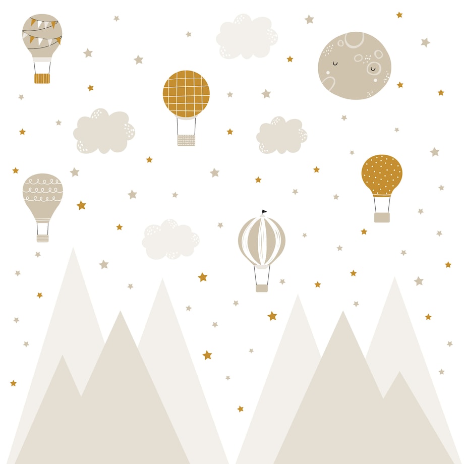 NAKLEJKI NA ŚCIANĘ DLA DZIECI BEŻOWE GÓRY GWIAZDY BALONY CHMURKI ZESTAW