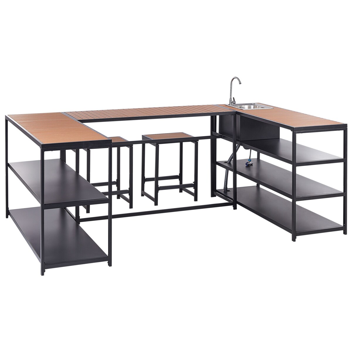 Kuchnia ogrodowa ze stołem barowym i zlewem czarna z jasnym drewnem AVETRANA