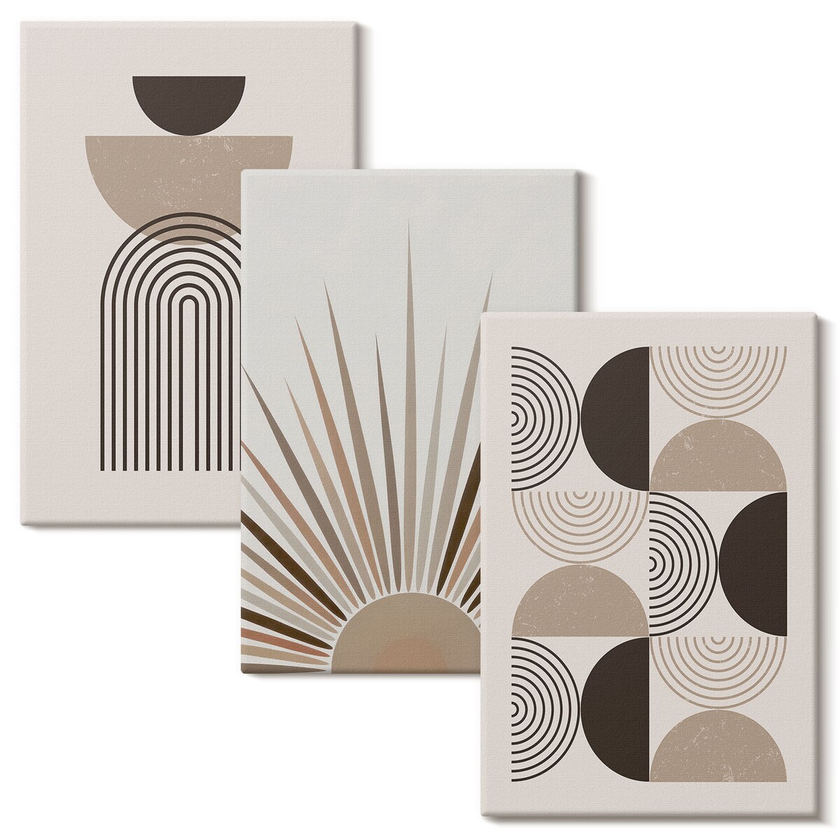 Zestaw 3 dużych obrazów na płótnie - Abstrakcyjne kształty beż brąz - beżowy