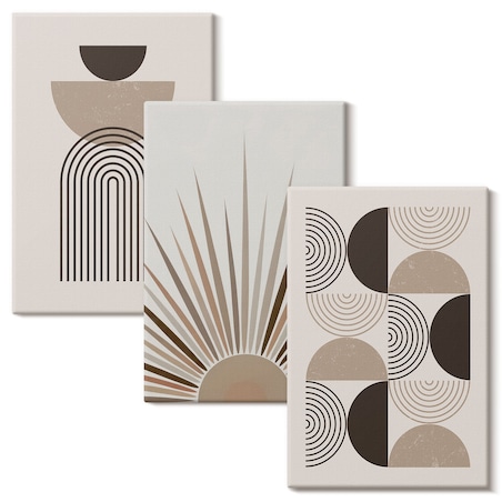 Zestaw 3 dużych obrazów na płótnie - Abstrakcyjne kształty beż brąz - beżowy