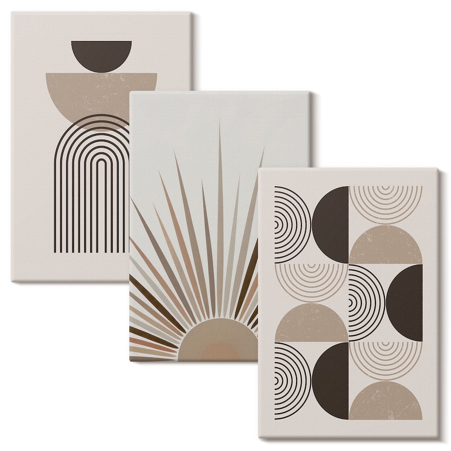 Zestaw 3 dużych obrazów na płótnie - Abstrakcyjne kształty beż brąz - beżowy