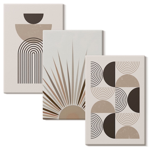 Zestaw 3 dużych obrazów na płótnie - Abstrakcyjne kształty beż brąz - beżowy