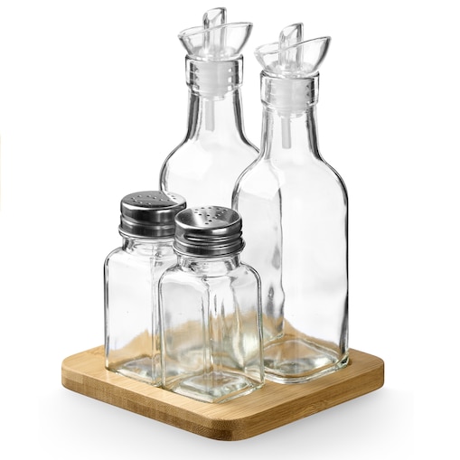 Zestaw do przypraw i oleju z drewnianą podstawą, 4 elementy