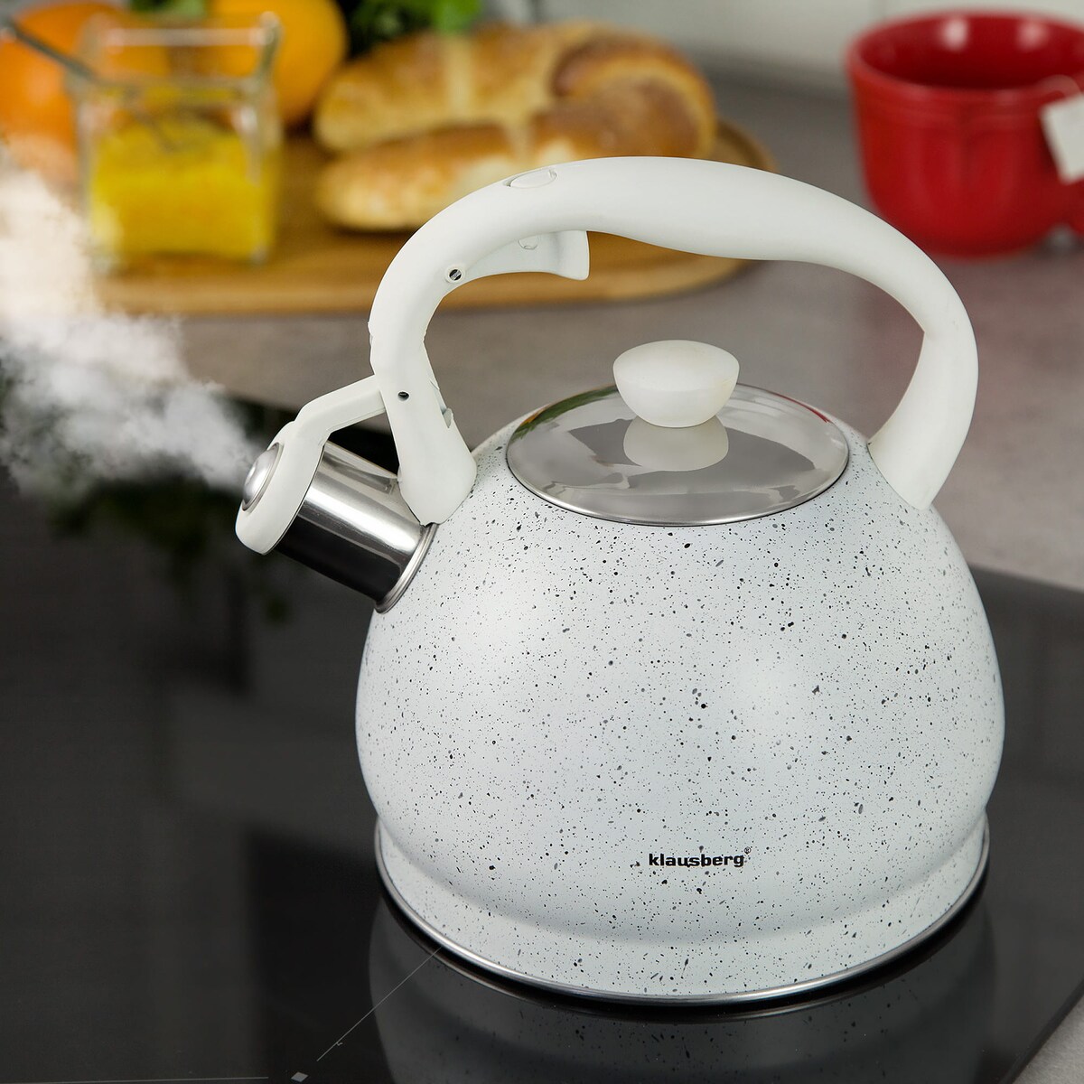 Czajnik stalowy z gwizdkiem 2L indukcja gaz biały marmurek KLAUSBERG