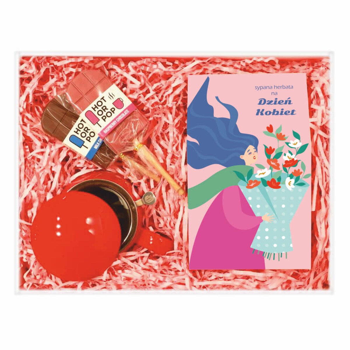 Zestaw prezentowy dla Niej. Box z herbatą na Dzień Kobiet na prezent upominek. Zestaw 10 herbat liściastych, czerwony kubek z zaparzaczem i pokrywką, czekoladowe lizaki