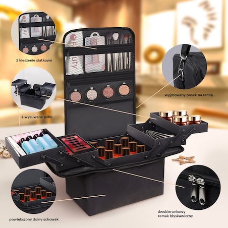 Czarna kosmetyczka rozkładana elegancki kuferek organizer na kosmetyki przenośna 25x28x20cm CB45
