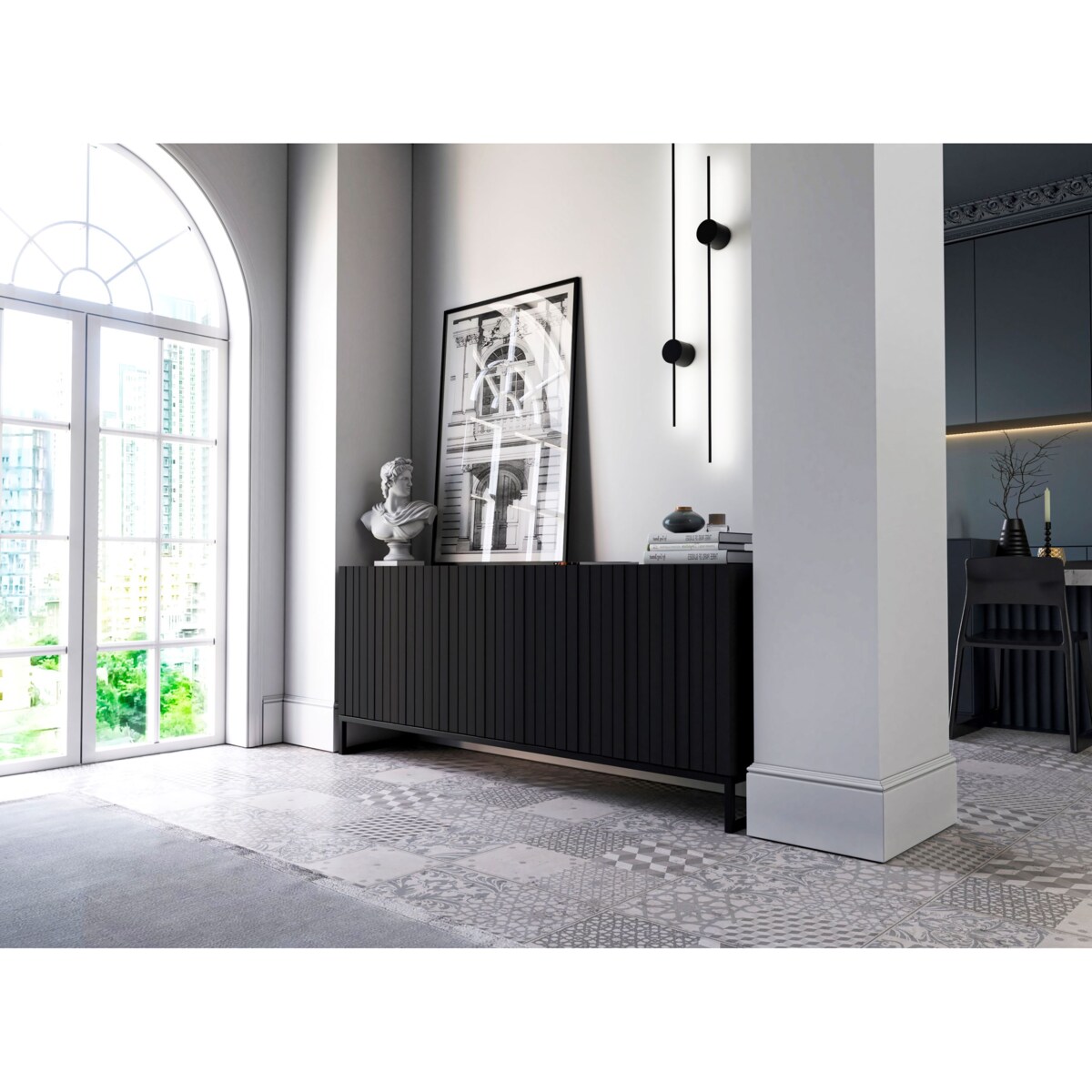 Komoda RTV Industrialna Czarny Mat Szafka RTV Glamour 168 cm Ryflowane fronty