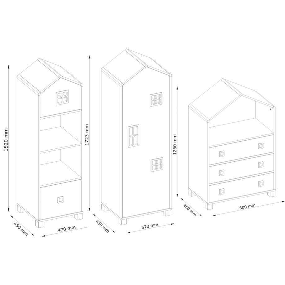 KONSIMO MIRUM Zestaw mebli dla chłopców w kształcie domku w kolorze szarym składający się z 3 elementów