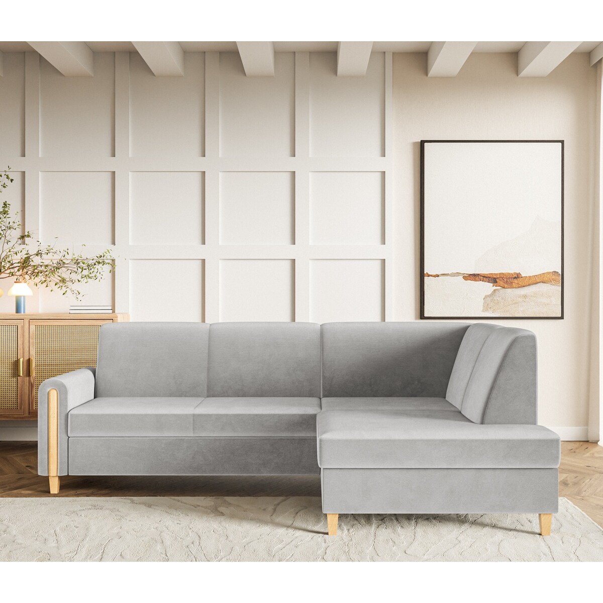 Rozkładany narożnik FLORA w tkaninie hydrofobowej, prawostronny-jasny szary