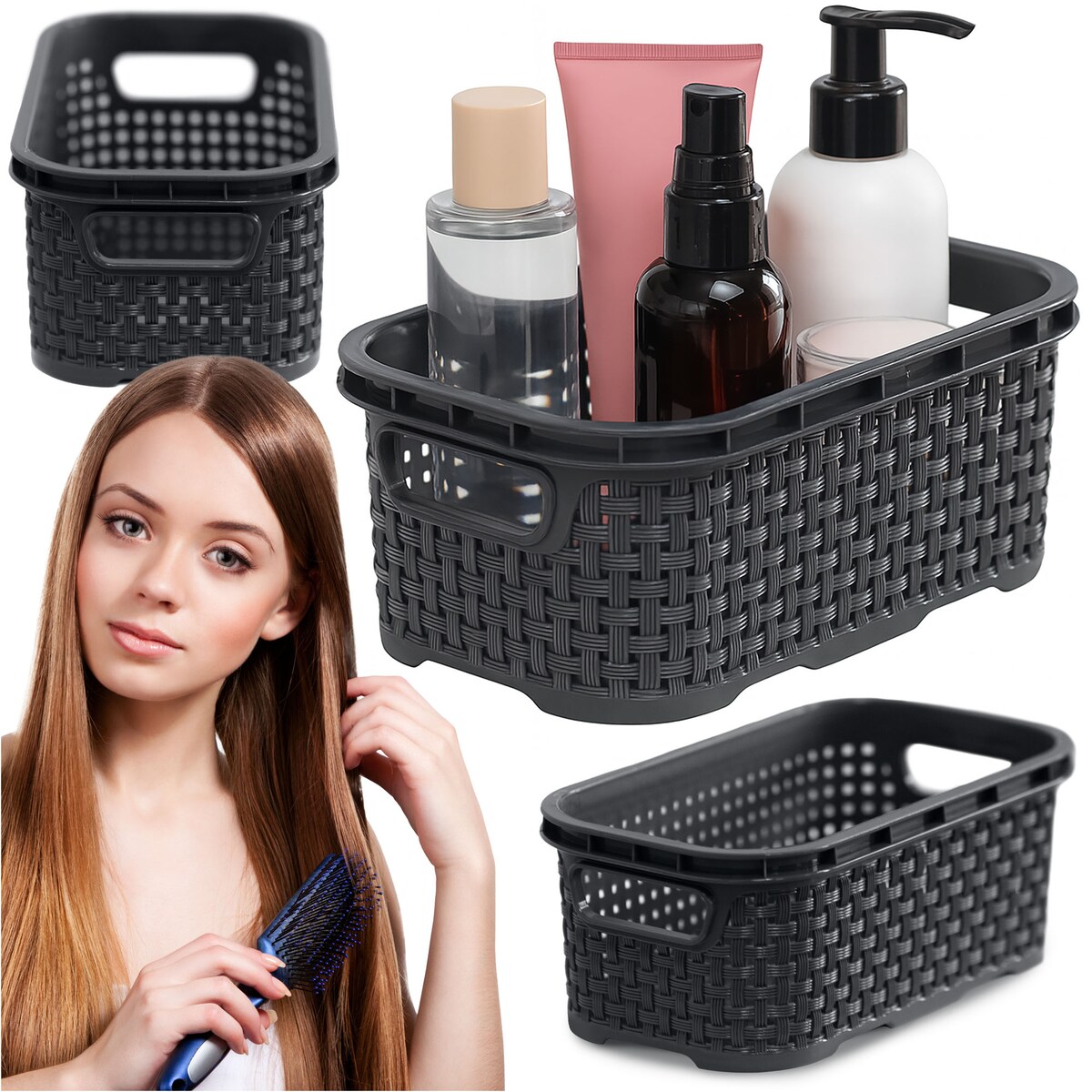 Koszyk Ratanowy Plastikowy 1 L Na Kosmetyki Do Łazienki Pudełko Pojemnik Rattanowy Antracyt