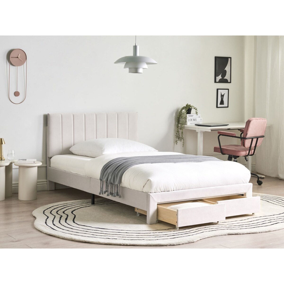 Łóżko z szufladami Welur LONZAC 120 x 200 cm Złamana biel