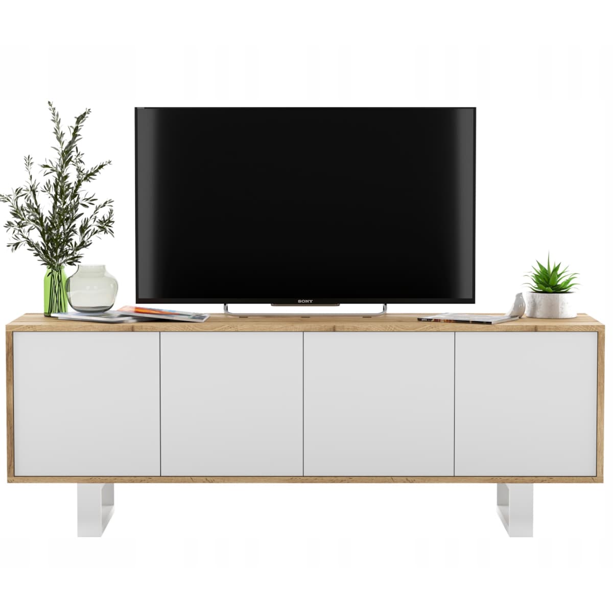 Nowoczesna Szafka RTV Loft Komoda RTV 150 cm Dąb Wotan Biały MAT