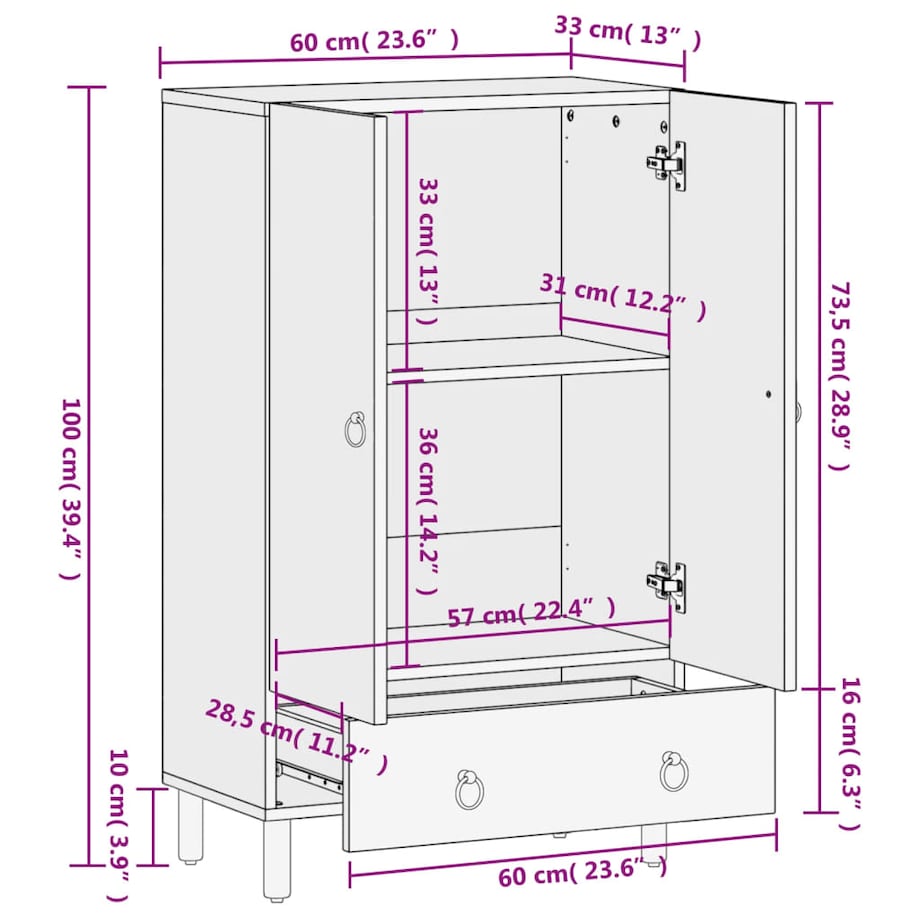 vidaXL Komoda, 60x33x100 cm, lite drewno mango