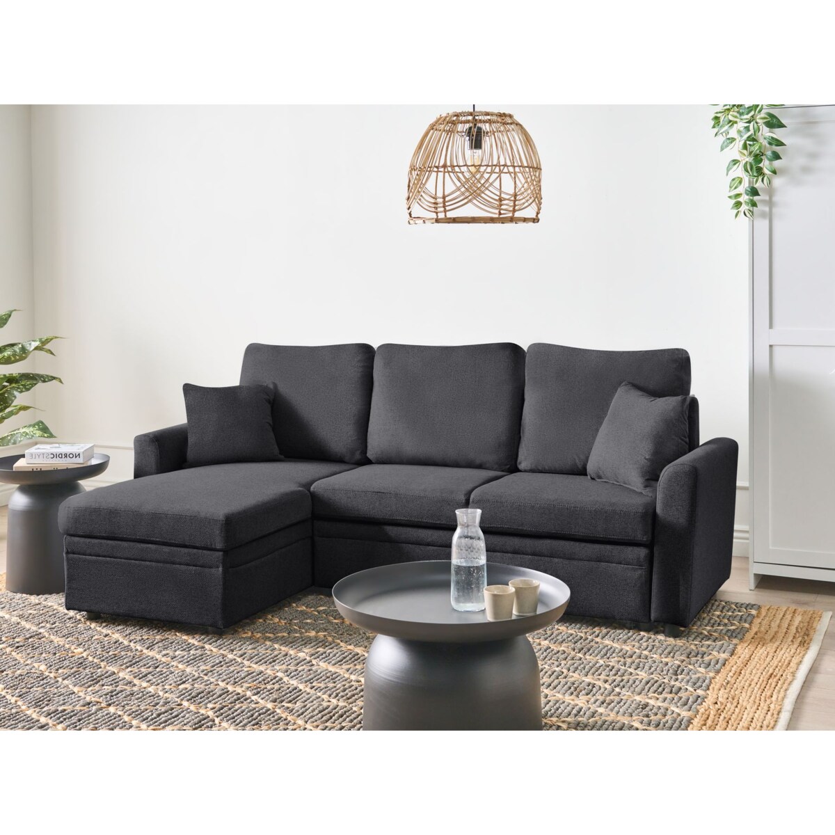 Narożnik rozkładany NASSJO Len syntetyczny Czarny dla 3 osób Prawostronny