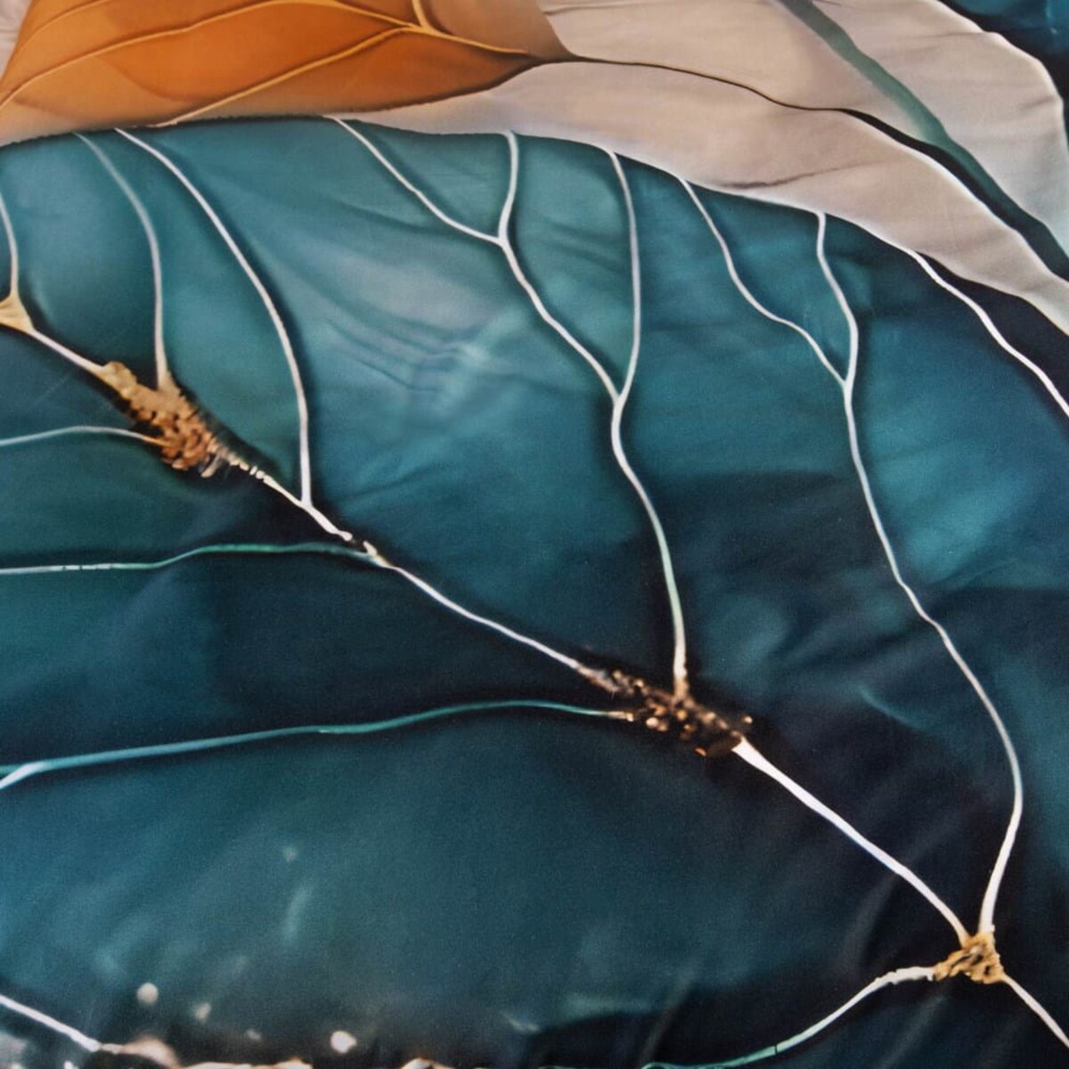 Pościel satyna bawełniana 160x200 Satynlove Premium Liście złote i turkusowe