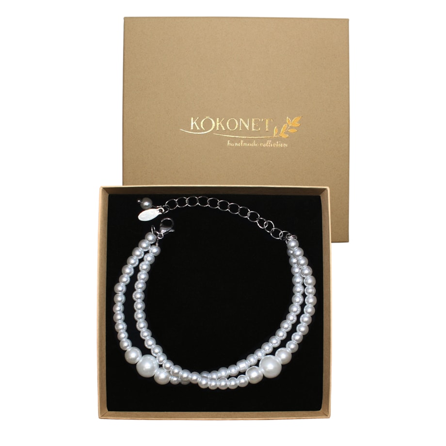 Perłowa bransoletka dwa rzędy przekładana robiona srebrna elegancka ślubna