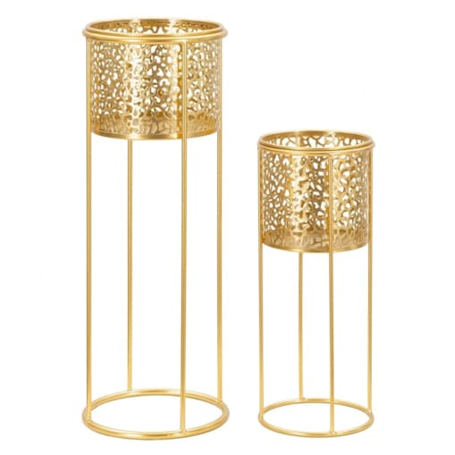 Kwietnik metalowy NAT, zestaw 2 szt., złoty, Ø 17x46 i 14x34 cm