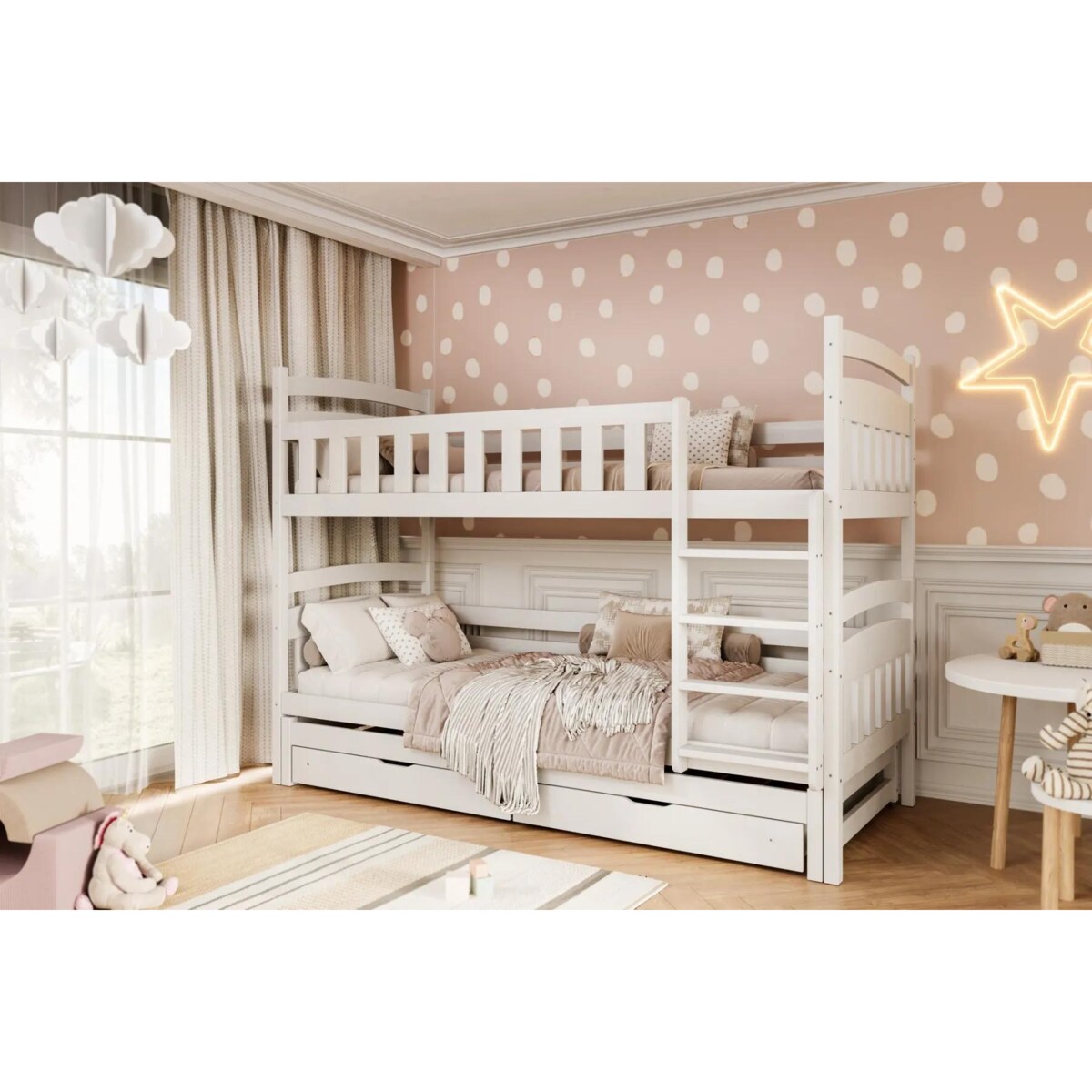 Łóżko piętrowe JULITA 200x80 białe drewniane trzyosobowe z szufladami