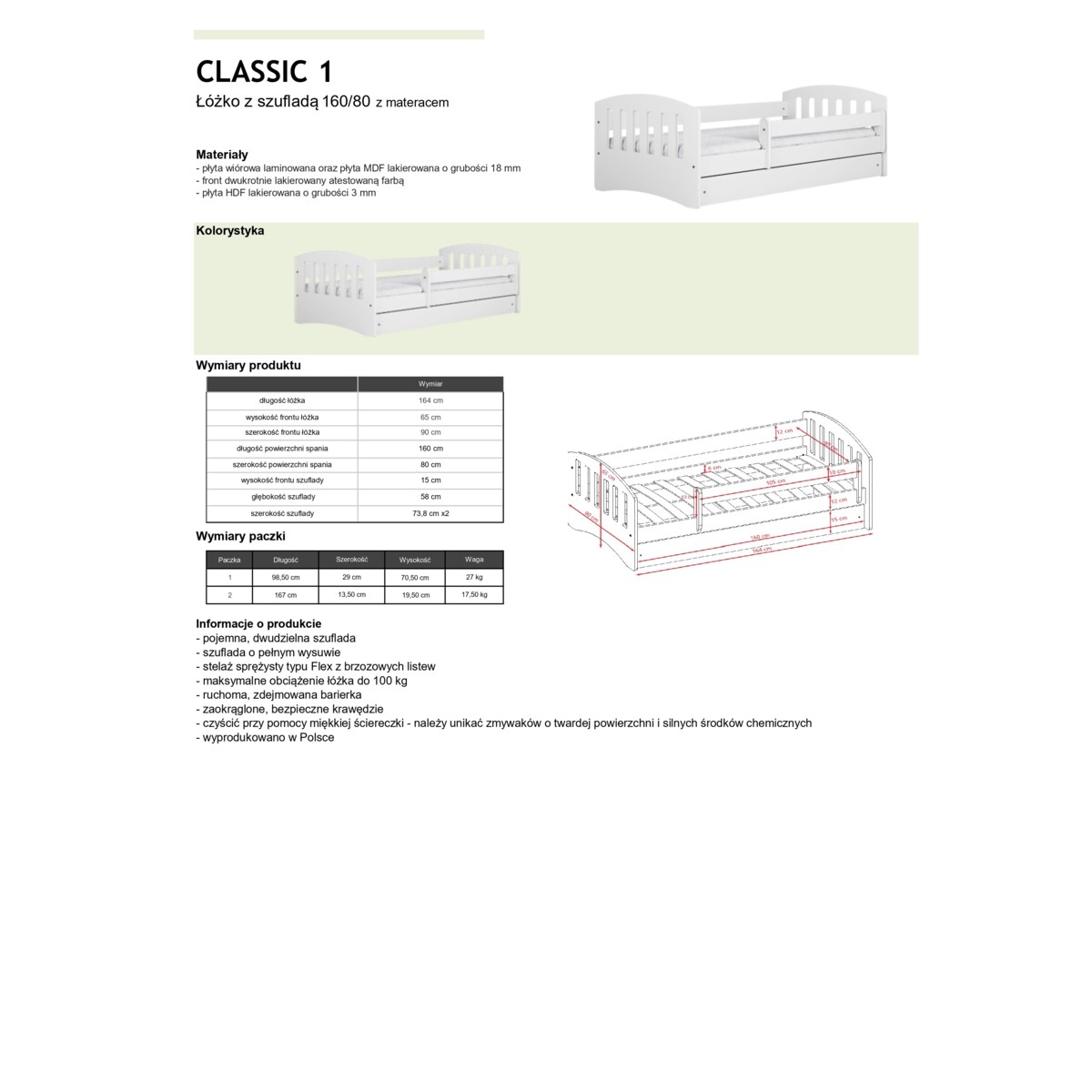 Łóżko classic 1 białe z szufladą materac 160/80