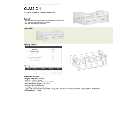 Łóżko classic 1 białe z szufladą materac 160/80
