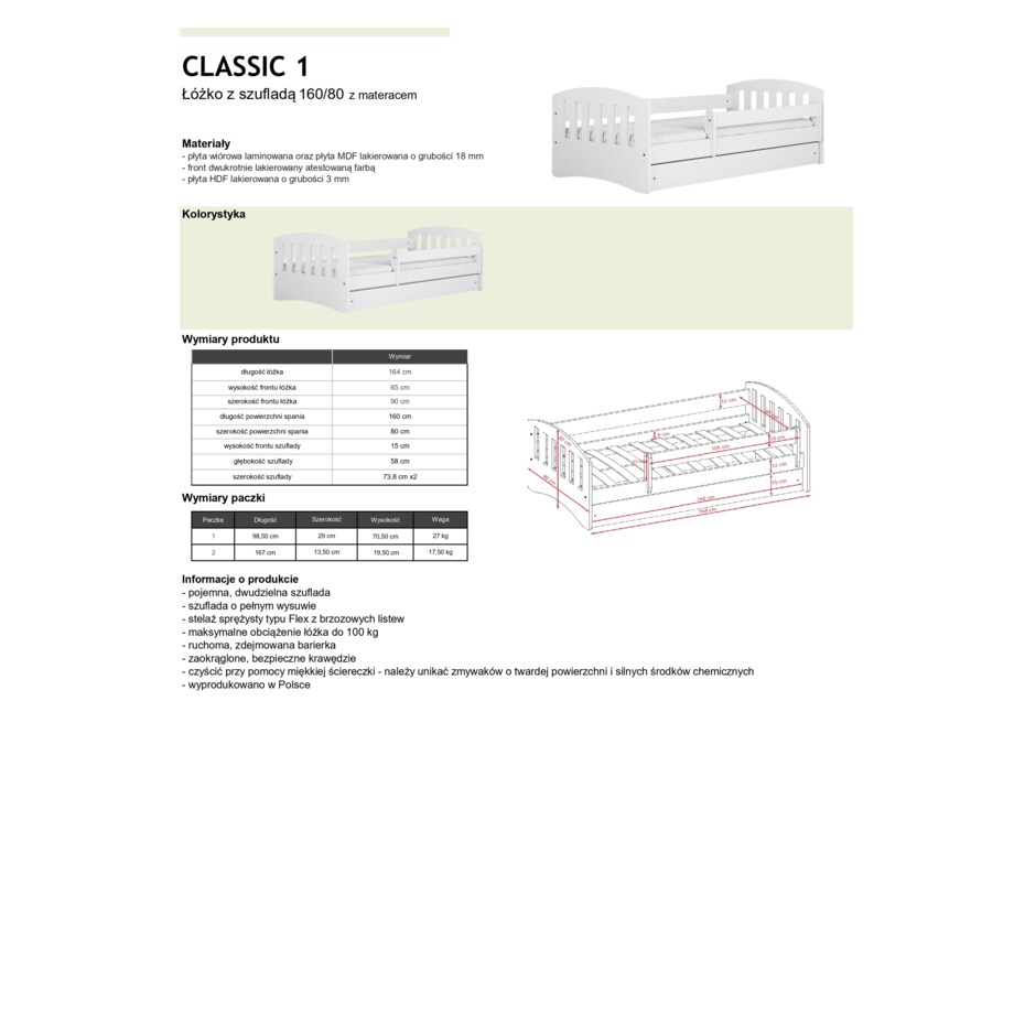 Łóżko classic 1 białe z szufladą materac 160/80