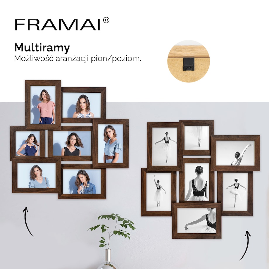 Multirama na zdjęcia brązowa ramka na 7 zdjęć 10x15 cm 10x10 cm FRAMAI®