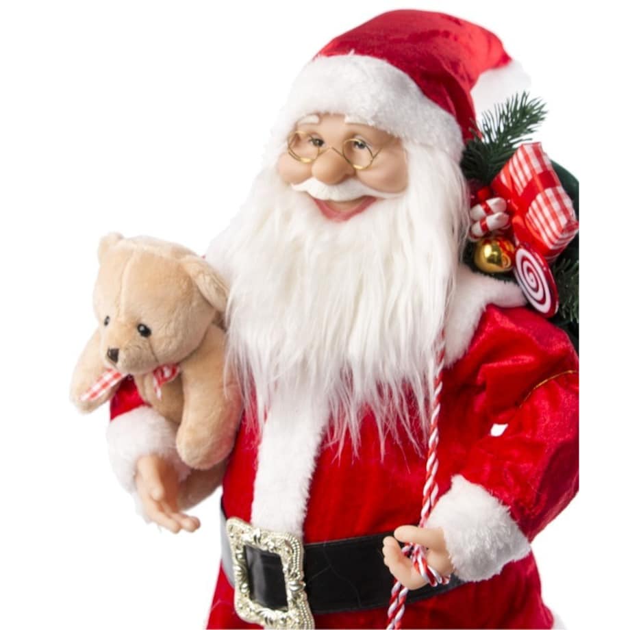 Figurka - Mikołaj w czerwonym płaszczu z pluszowym misiem 60x29 cm