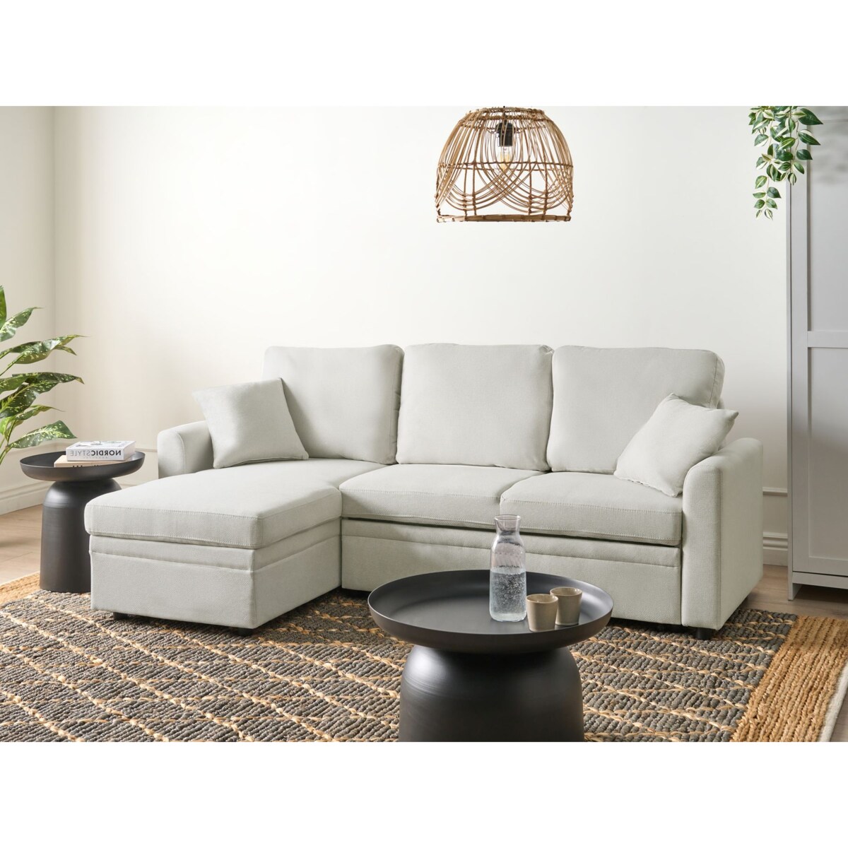 Narożnik rozkładany NASSJO Len syntetyczny Jasnobeżowy dla 3 osób Prawostronny