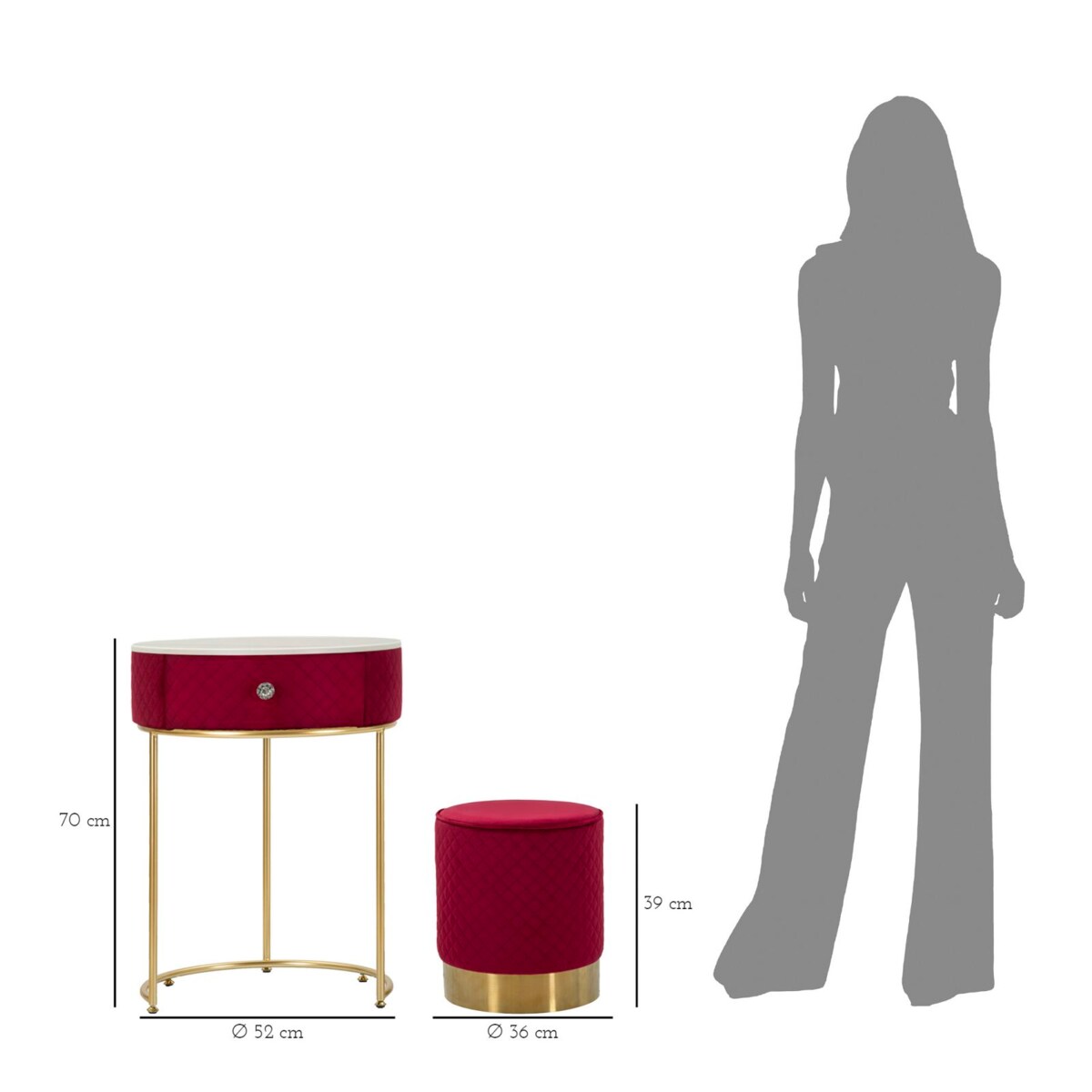 Toaletka z taboretem Nightstand Dressing Vellit, zestaw 2 szt., zestaw do makijażu, czerwony, złoty, Mauro Ferretti