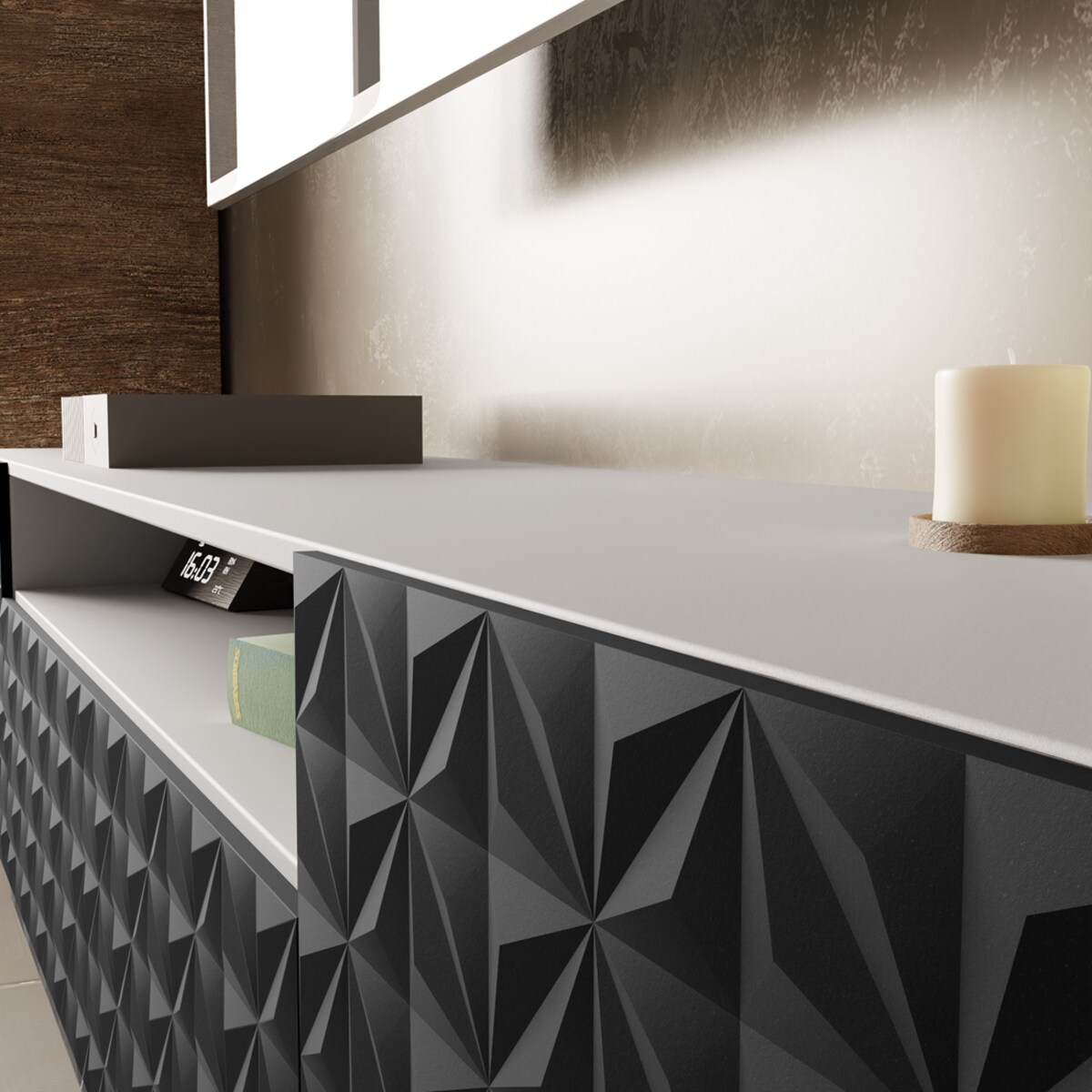 Szafka RTV ALI 200 cm, stojąca, z ozdobnymi frontami do salonu-frot czarny