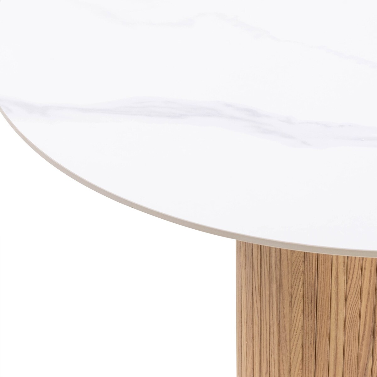 Stół okrągły lamele, efekt białego marmuru, spiek, jesion