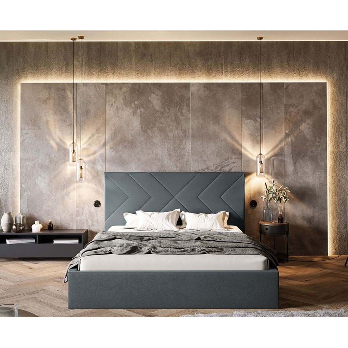 Łóżko do sypialni 160x200 OLDO 1 tapicerowane, z pojemnikiem - grafitowe