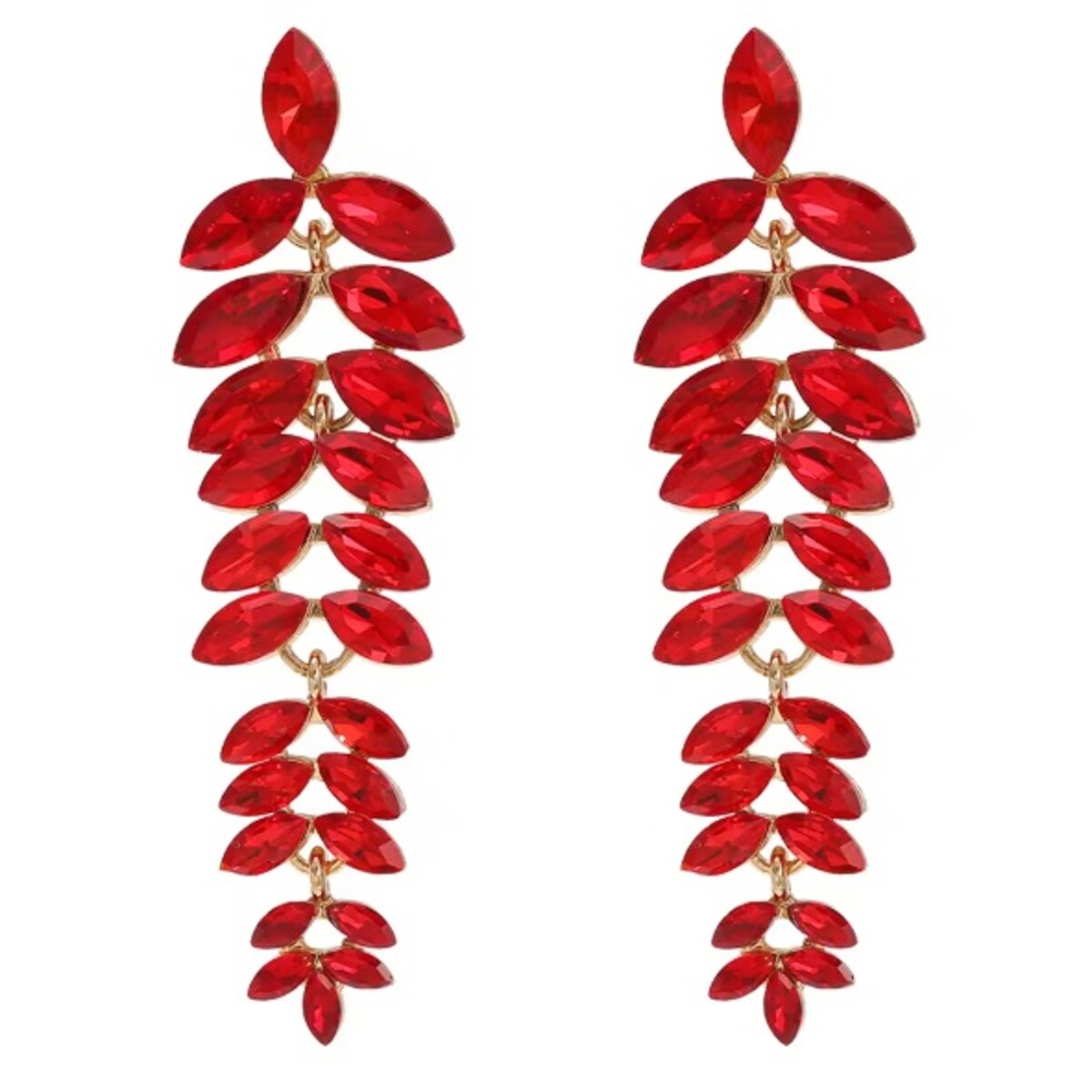 Kolczyki czerwone listki długie z cyrkoniami w złotej oprawie
