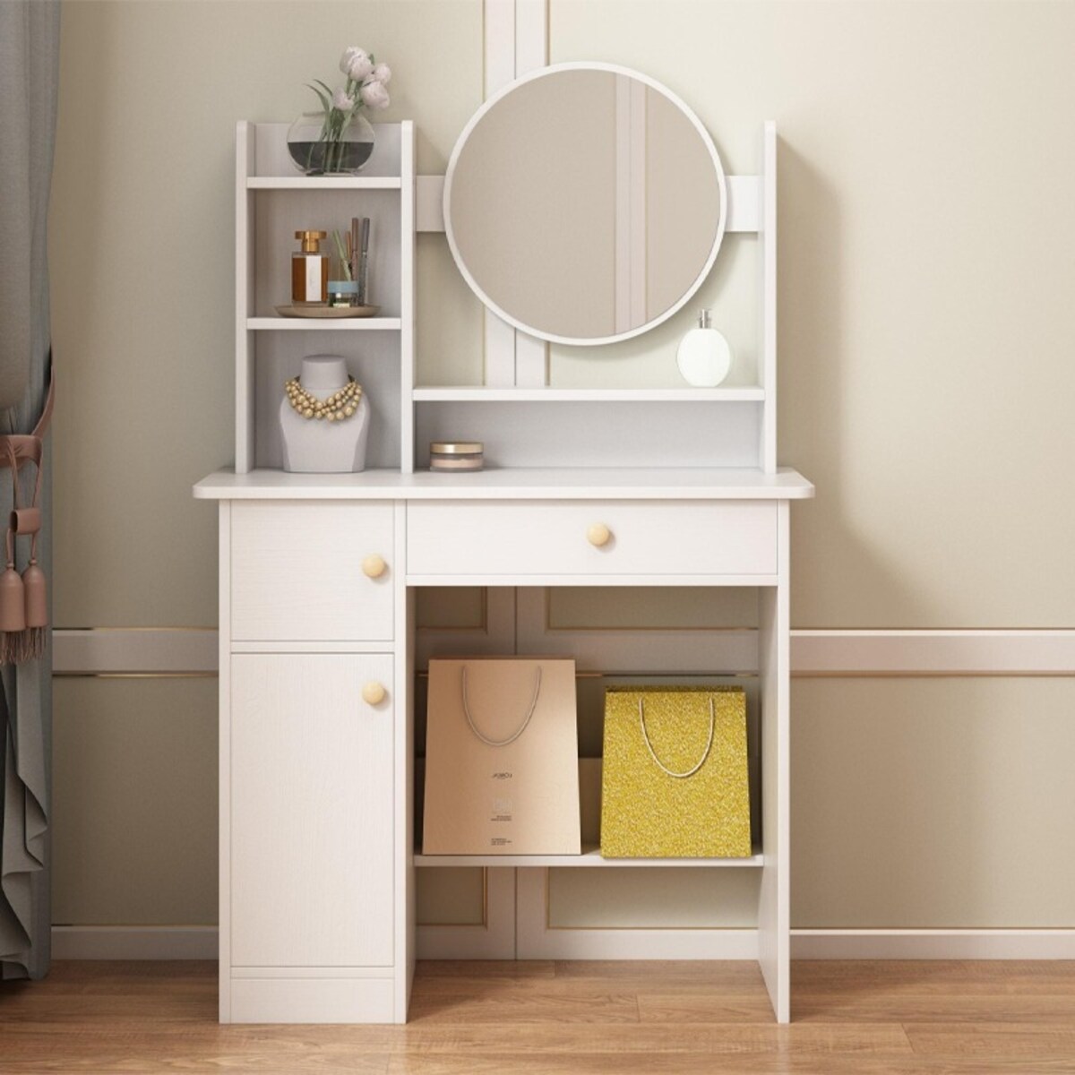 Toaletka z lustrem z szufladami biała glamour styl skandynawski