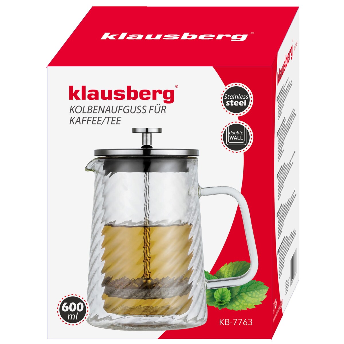 Zaparzacz do kawy herbaty szklany 600ml French Press srebrny KLAUSBERG