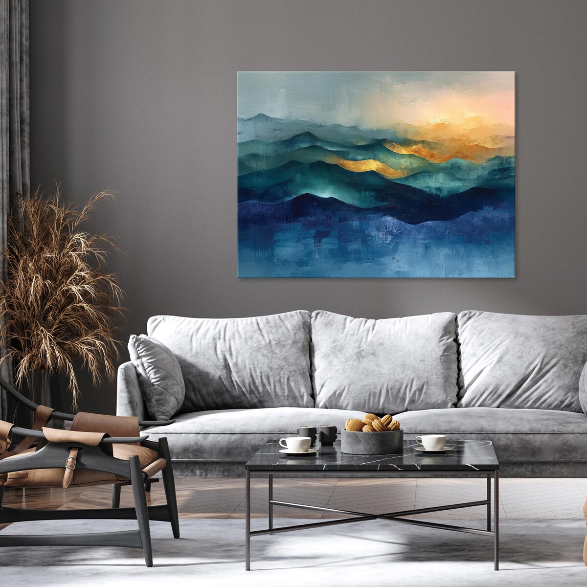 OBRAZ ABSTRAKCJA ZŁOTO NIEBIESKI NOWOCZESNY NA PŁÓTNIE ŚCIANĘ 120x80