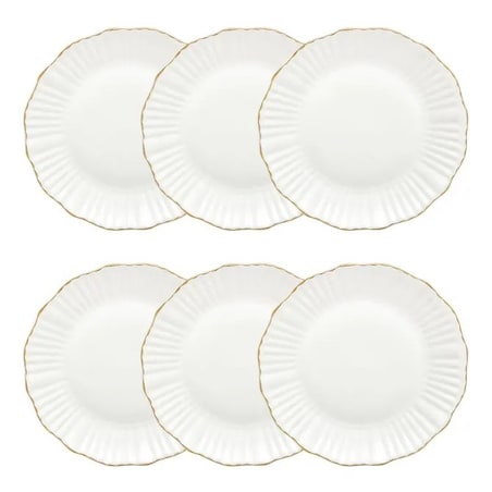 Komplet 6 porcelanowych talerzy obiadowych, białe ze złotem, Daphné, 27 cm