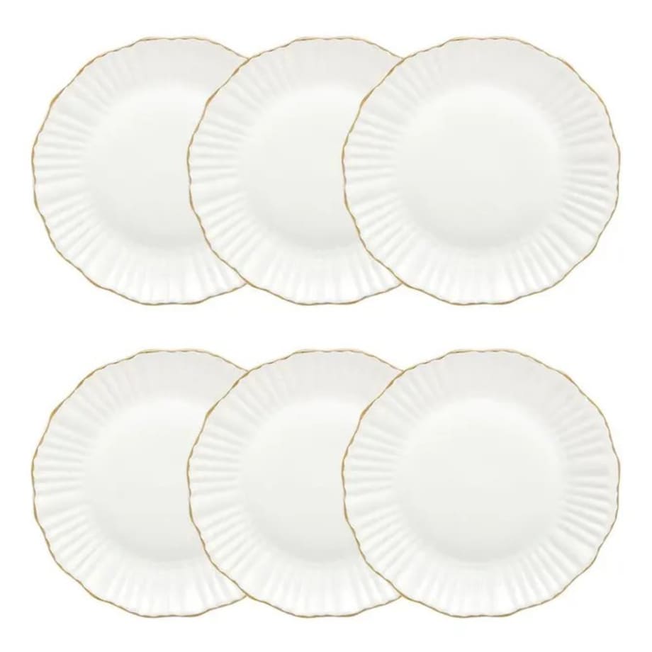 Komplet 6 porcelanowych talerzy obiadowych, białe ze złotem, Daphné, 27 cm
