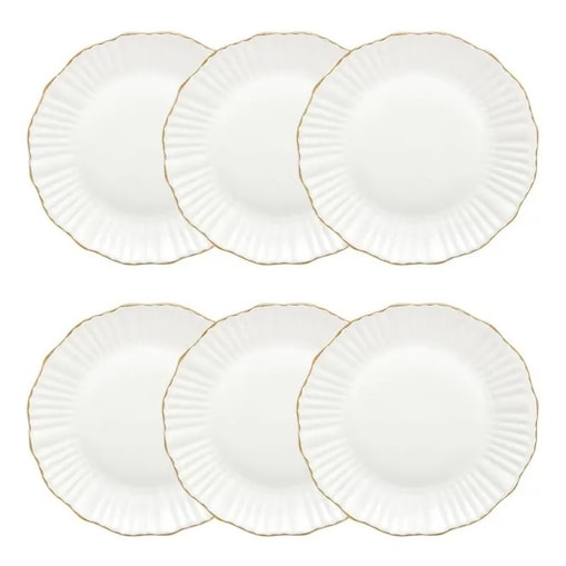 Komplet 6 porcelanowych talerzy obiadowych, białe ze złotem, Daphné, 27 cm