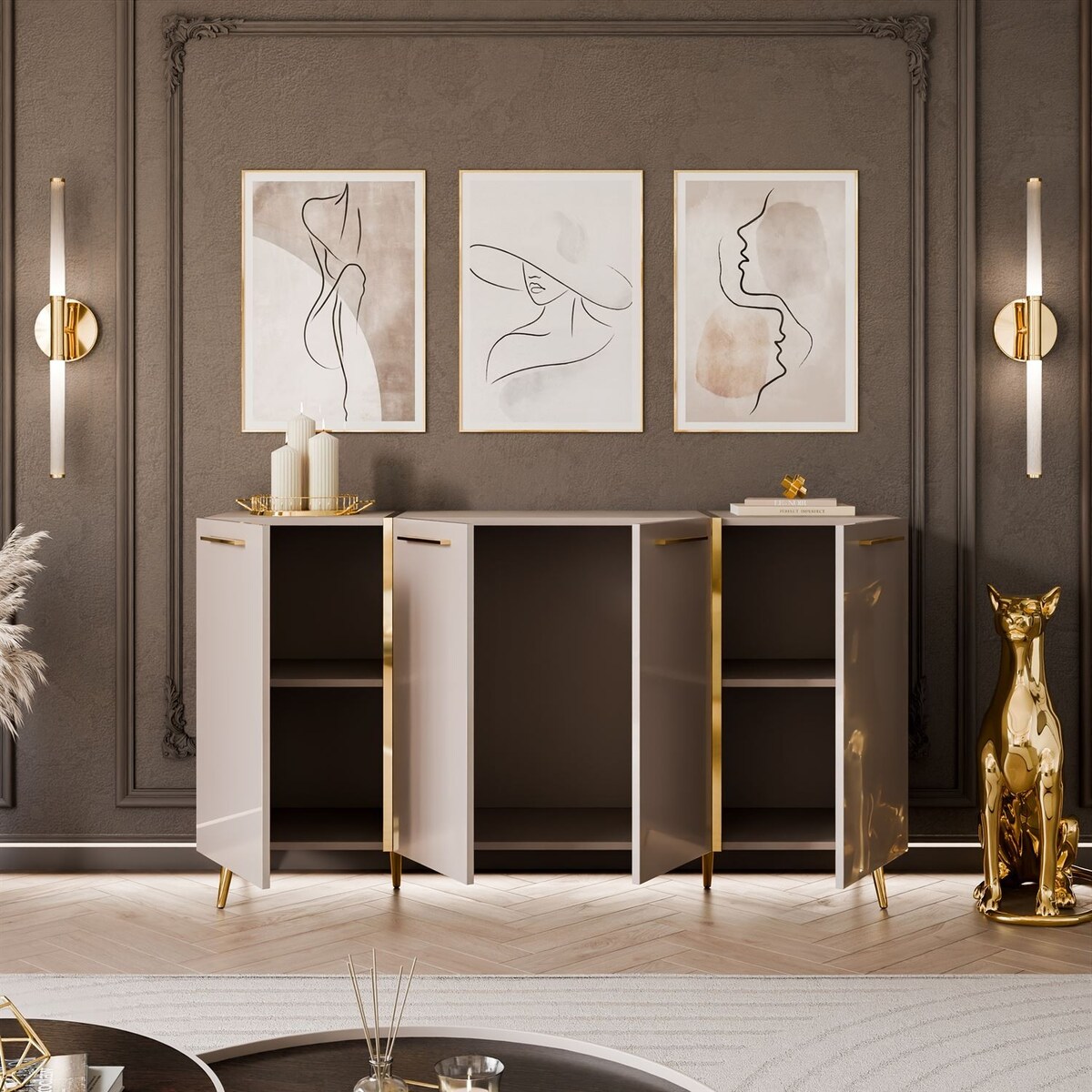 Komoda ONYX 4D kaszmir połysk na nózkach 158 cm uchwyty