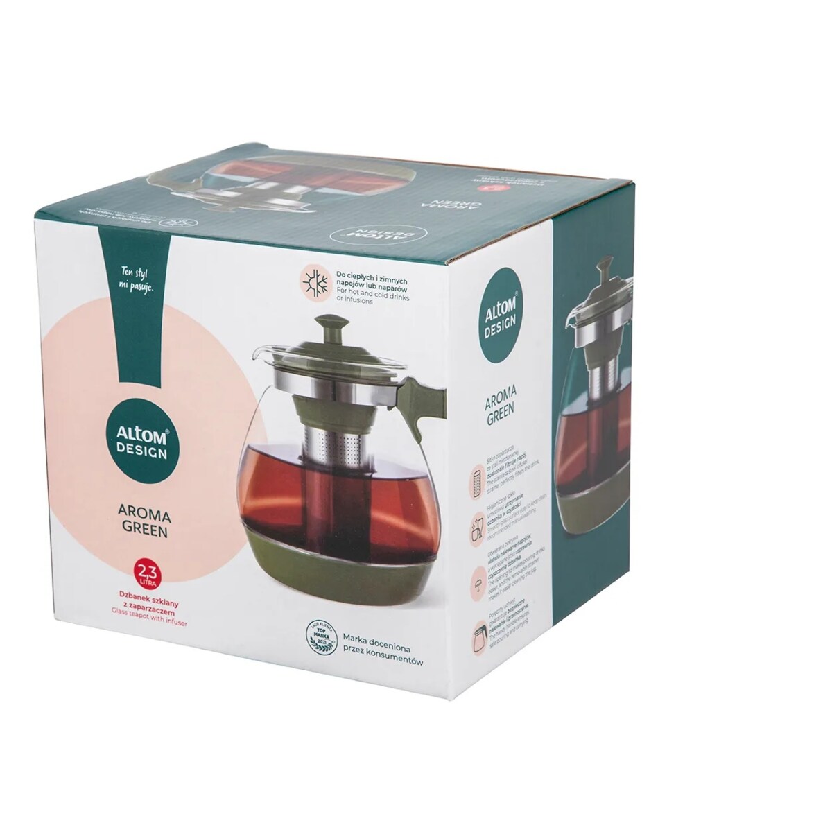 DZBANEK SZKLANY Z ZAPARZACZEM 2,3 L zielony na herbatę zioła kawa imbryk