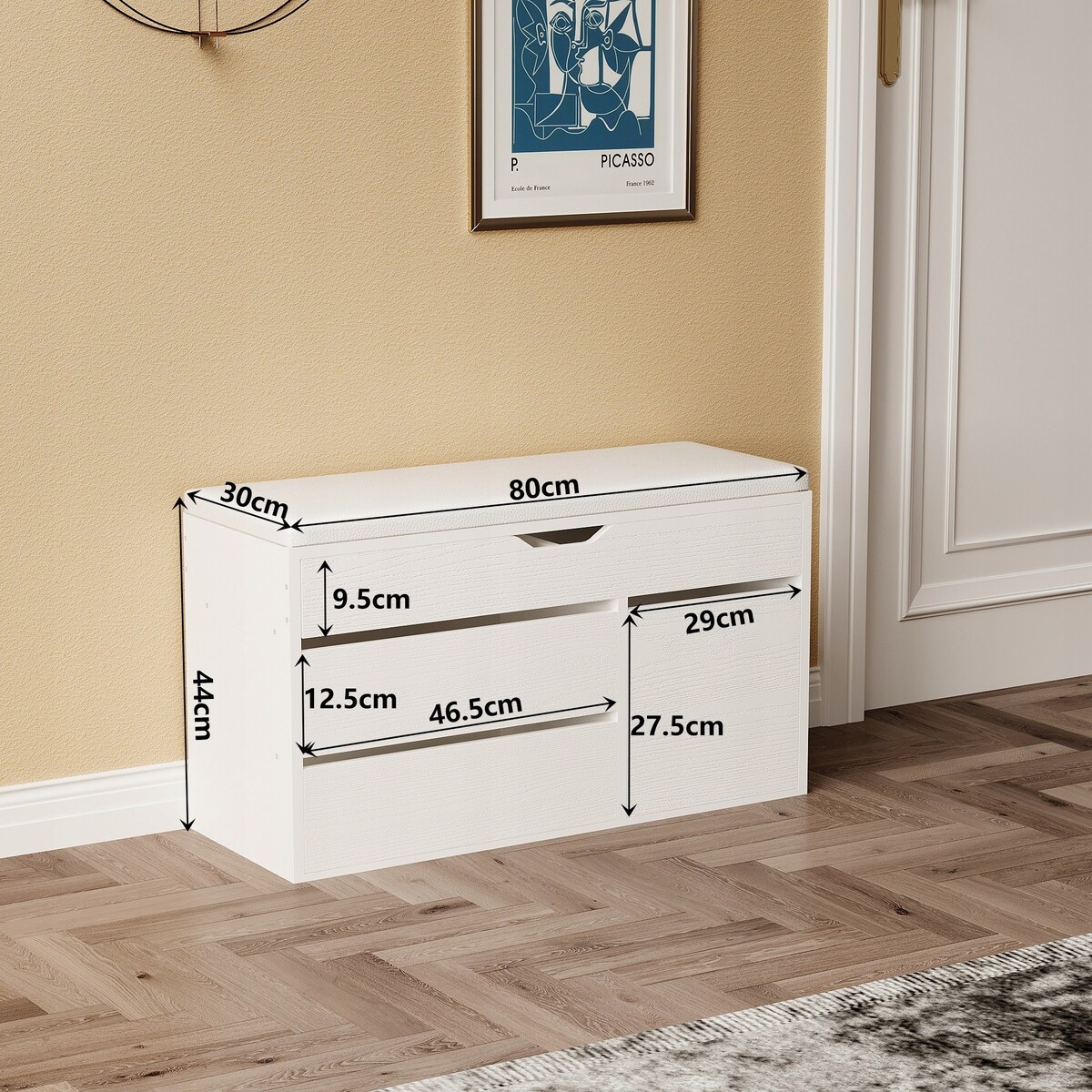 Szafka na buty z siedziskiem drewniana schowek półki otwierana biały 80cm